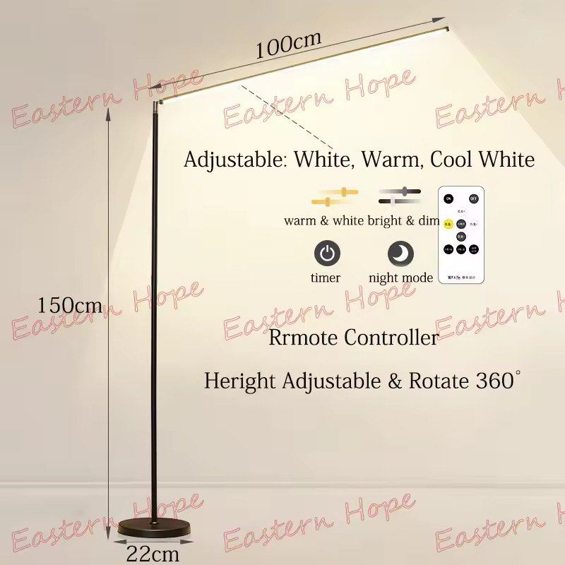 Minimalist LED Floor Lamp (Category: Lighting) located in Pasig City. Submitted by kutleyn (Listing ID 1466717807, Image 2). Description: - Height: ~150cm with a stable 22cm base - Wide Illumination: 100cm light bar with 360-degree rotation - Lighting Options: Adjustable color temperature (white, warm white, cool white) - Custom Controls: Dimmable brightness, timer function, and night mode via remote control - Eye Care: Anti-glare design protecti