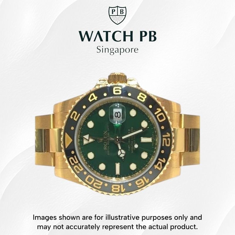 Mint 2016/03 Rolex GMT-Master II - 116718LN Jade Green Dial (Category: Watches) located in Singapore. Submitted by watch_playboy (Listing ID 1466596605, Image 1). Description: Brand: Rolex Model: 116718LN Condition: Mint Dial: Jade Green Case Diameter: 40mm Material: Yellow Gold Original box: Yes Original cert/papers: Yes (with Green Tag and Green On Card) Dated: 2016/03 Warranty: In-shop warranty 6 months from date of purchase In-Store Applicati