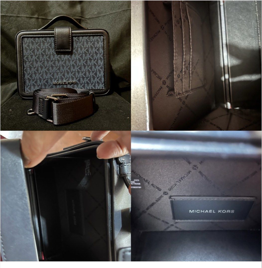 MK Cooper Black Sling Bag (Category: Sling Bags) located in Marikina City. Submitted by sakura_07 (Listing ID 1466640509, Image 2). Description: - Authentic Michael Kors Cooper Black Sling Bag - Features iconic MK monogram pattern on durable canvas - Structured boxy design with a convenient top handle and adjustable shoulder strap - Interior includes handy card slots and Michael Kors metal logo plaque - Clean lining with repeating monogram print 