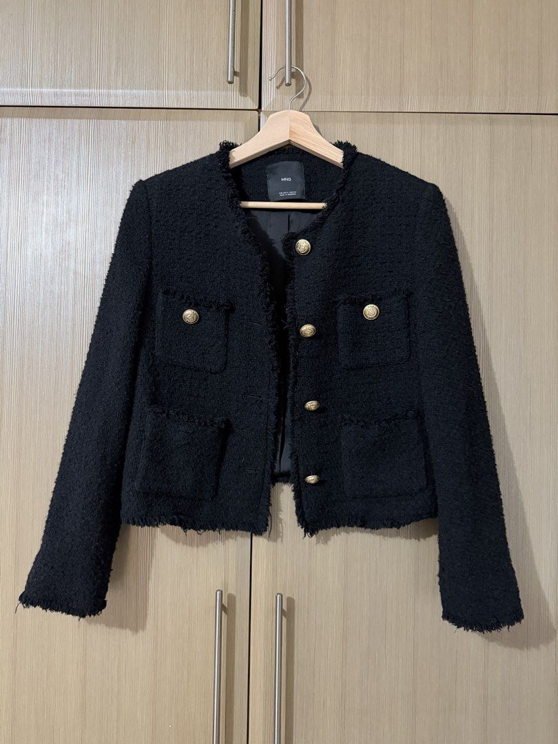 MNG Black Tweed Jacket Size S (Category: Coats, Jackets and Outerwear) located in Taguig. Submitted by mengxir20193848 (Listing ID 1466672689, Image 1). Description: - Brand: MNG - Size: S (Made in Morocco) - Material: Textured black tweed with fully lined interior - Details: Gold embossed buttons, 4 front patch pockets, frayed edges - Fit: Classic cropped cut - Style: Smart outerwear, perfect for elevating any outfit.
