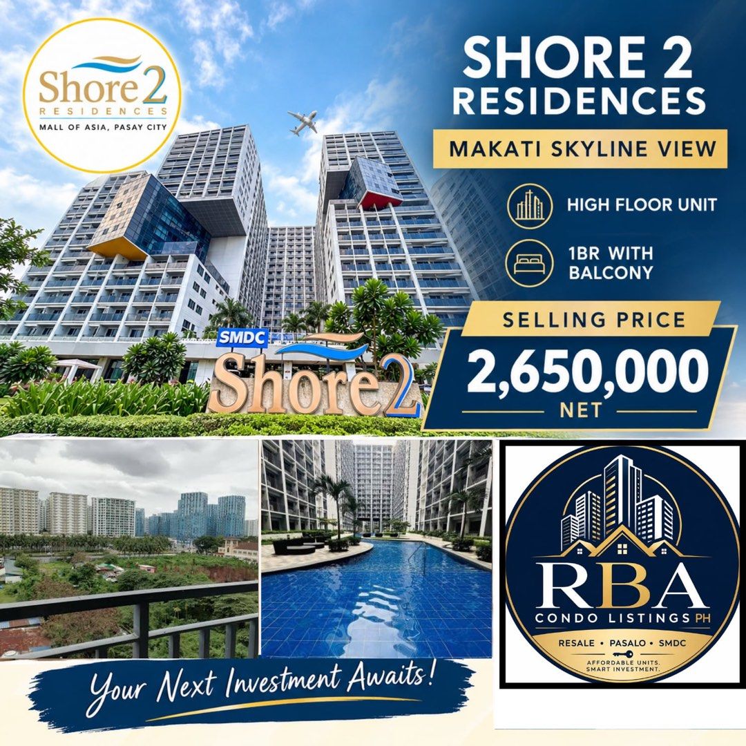 Moa Shell and Shore 2 Residences 1BR Condo Pasay (Category: Apartments & Condos) located in Quezon City. Submitted by rba_condo_listings (Listing ID 1466740479, Image 1). Description: SMDC CONDO UNITS FOR SALE MOA AREA SHELL RESIDENCES 🏢 TOWER B 📍 12F | 1BR with Balcony 28.50 sqm | Amenity View Furnished | Clean Title ₱2,900,000 NET Transfer taxes and related transfer expenses are for buyer’s account. ━━━━━━━━━━━━━━━━━━━━ SHORE 2 RESIDENCES TOW