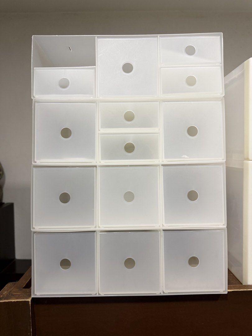 Modular Plastic Desktop Storage Drawer Unit (Category: Storage Boxes & Baskets) located in Makati City. Submitted by monkeykingo (Listing ID 1466733473, Image 1). Description: - Clear plastic storage unit with multi-sized drawers - Handy finger hole pulls on every drawer for easy access - Stackable, modular design to maximize desk or vanity space - Sturdy frame construction in sleek translucent white.