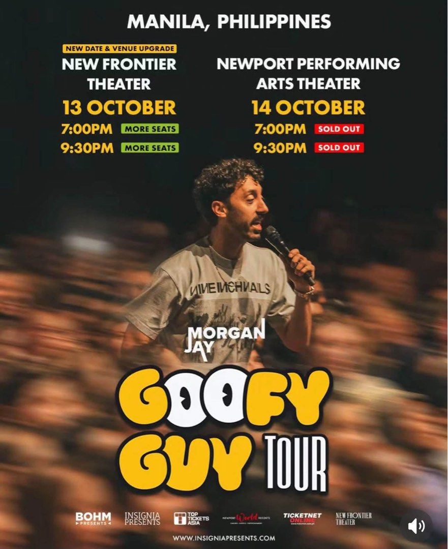 Morgan Jay Goofy Guy Tickets (2) (Category: Everything Else Others) located in Manila. Submitted by mimimatcha (Listing ID 1466588740, Image 1). Description: ‎— wts lfb fs ph .. ✶𓏲ּ꩜ .ᐟ (2) Morgan Jay Tickets 📍 October 13, 7:00 PM | New Frontier 💺 Orchestra Back Right Row 22 Seats 1-2 BELOW SRP!! Php 5050 for both nalang OG Price: 6100 RFS: Board Exams on the day of huhu pls get nyo na :<< pm me if you want to legit check ><.