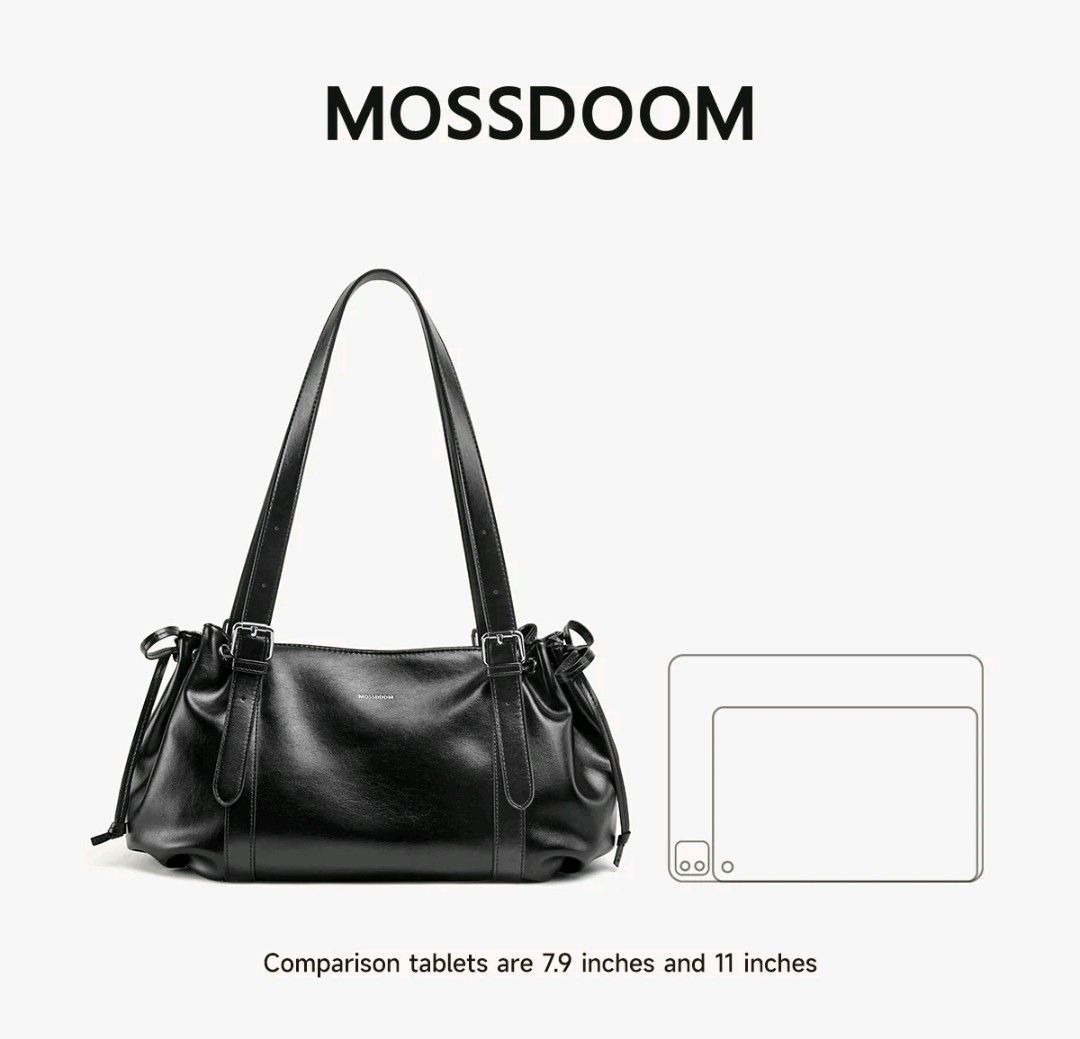 MOSSDOOM Black Shoulder Bag Tote (Category: Shoulder Bags) located in Pasig City. Submitted by happy.alexandraicydeguzman (Listing ID 1466739769, Image 2). Description: - Brand: MOSSDOOM - Color: Black with a glossy finish - Material: Premium faux leather - Hardware: Silver-tone with stylish buckle accents - Storage: Large main compartment with an inner zip pocket - Details: Trendy drawstring bungee cord sides - Capacity: Fits tablets up to 11 in