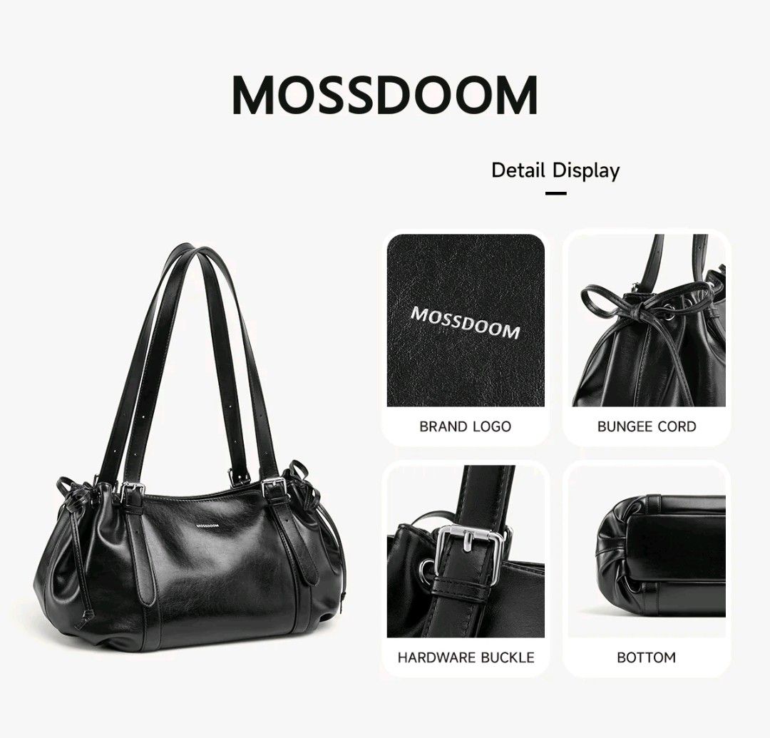 MOSSDOOM Black Shoulder Bag Tote (Category: Shoulder Bags) located in Pasig City. Submitted by happy.alexandraicydeguzman (Listing ID 1466739769, Image 3). Description: - Brand: MOSSDOOM - Color: Black with a glossy finish - Material: Premium faux leather - Hardware: Silver-tone with stylish buckle accents - Storage: Large main compartment with an inner zip pocket - Details: Trendy drawstring bungee cord sides - Capacity: Fits tablets up to 11 in
