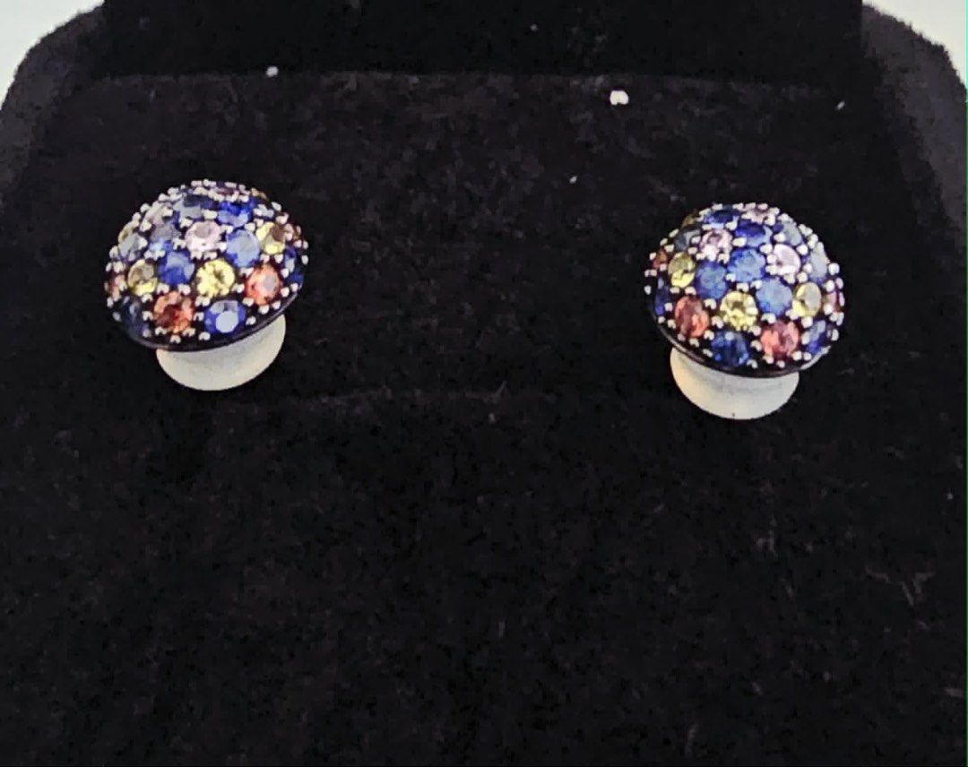 Multi-color gemstone pavé dome stud earrings (Category: Earrings) located in Quezon City. Submitted by rhonadc (Listing ID 1466679019, Image 1). Description: - Multi-colored pavé gemstone dome earrings - Vibrant mix of blue, yellow, pink, and orange stones - Sleek dark metal setting - Secure backings included - Comes with official gem testing ID card - Adds a brilliant pop of color and sparkle to any outfit.