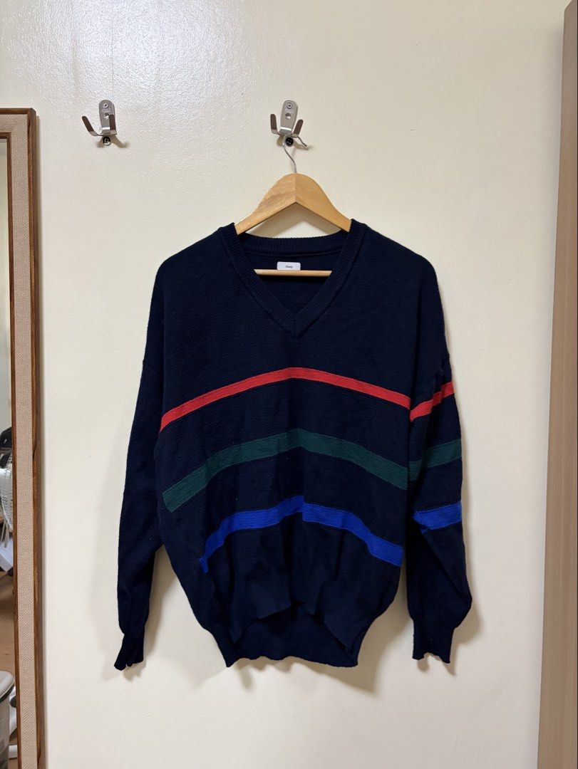 Navy V-Neck Knit Sweater with Stripes (Category: Longsleeves) located in Makati City. Submitted by sbllia (Listing ID 1466612859, Image 1). Description: - Fits S-M - Japan-bought.