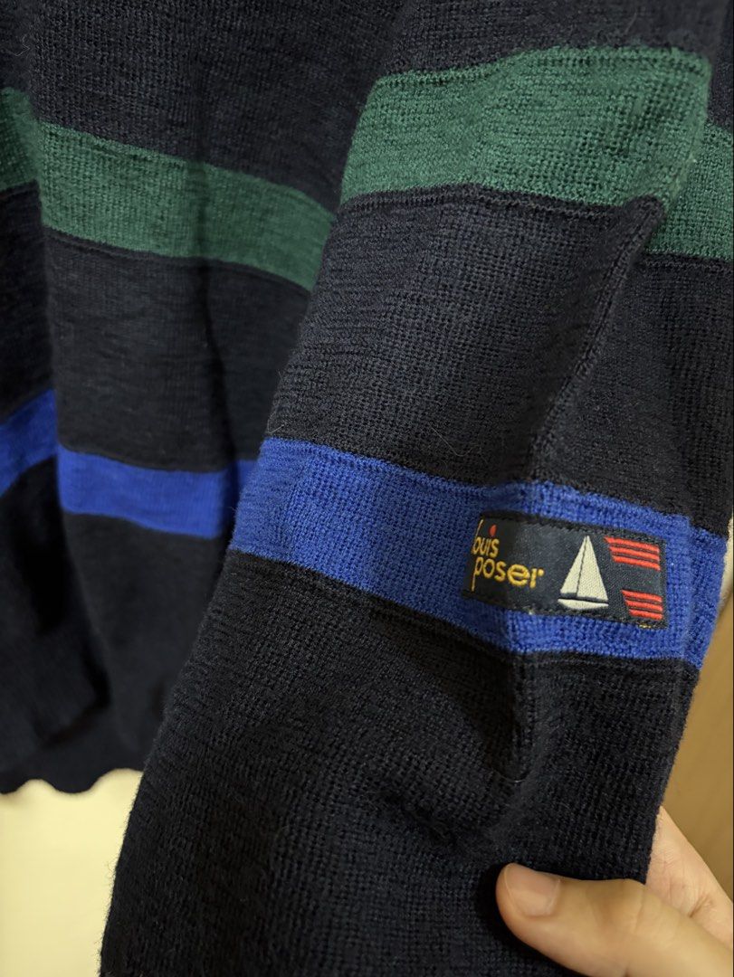 Navy V-Neck Knit Sweater with Stripes (Category: Longsleeves) located in Makati City. Submitted by sbllia (Listing ID 1466612859, Image 3). Description: - Fits S-M - Japan-bought.