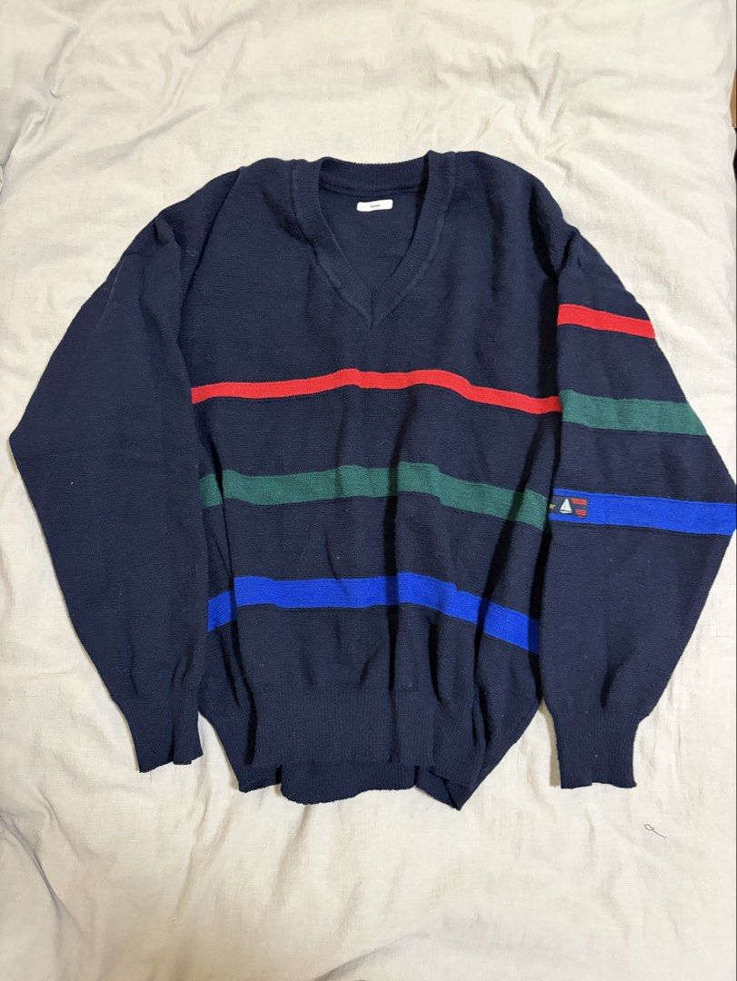 Navy V-Neck Knit Sweater with Stripes (Category: Longsleeves) located in Makati City. Submitted by sbllia (Listing ID 1466612859, Image 2). Description: - Fits S-M - Japan-bought.