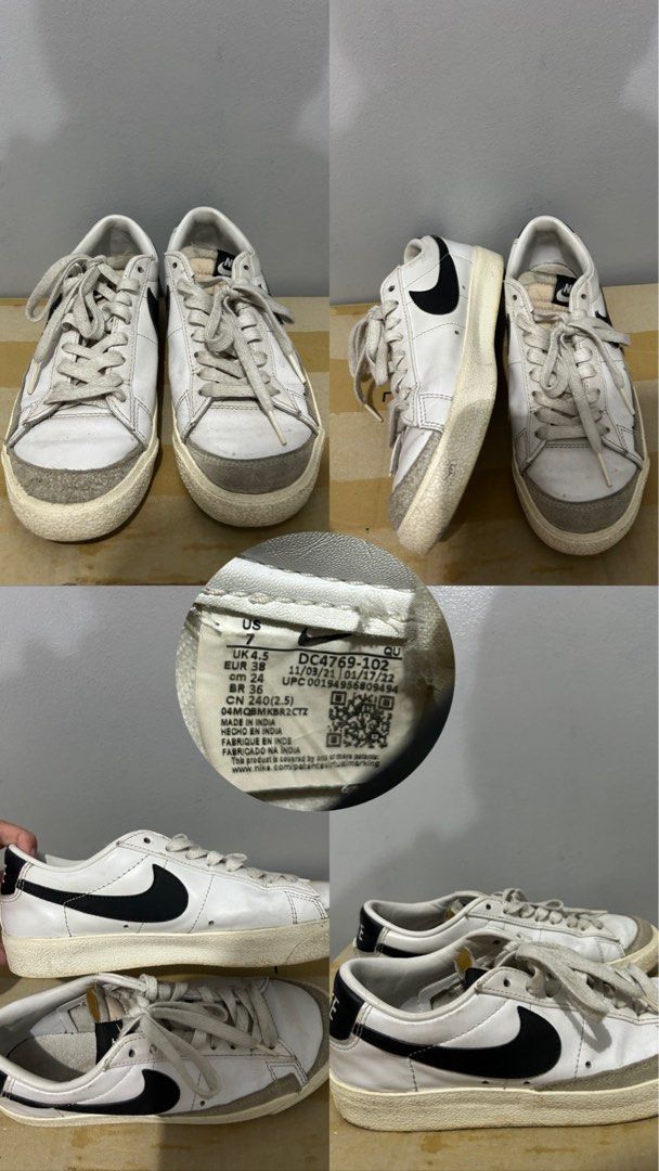 Nike Blazer Low '77 Vintage White Black (Category: Sneakers) located in Manila. Submitted by dtbalanza109684 (Listing ID 1466692761, Image 1). Description: - Model: White leather sneakers with black swoosh and grey suede toe overlays - Size: US 7 / UK 4.5 / EUR 38 - Style: Low-top, versatile everyday sneaker - Condition: Normal creasing on leather uppers, slight yellowing on midsoles from wear - Inclusions: Comes with original laces - Ready for a