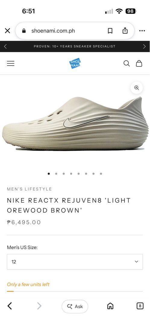 Nike ReactX Rejuven8 Light Orewood Brown (Category: Sneakers) located in Taytay. Submitted by dagoodboy (Listing ID 1466568034, Image 1). Description: - Model: Nike ReactX Rejuven8 - Colorway: Light Orewood Brown - Size: 12 US Men's - Style: Slip-on with wavy molded design and distinctive Swoosh branding - Condition: Brand new / excellent everyday casual pair - Versatility: Clean, neutral color that matches almost any outfit - Best for: Running e