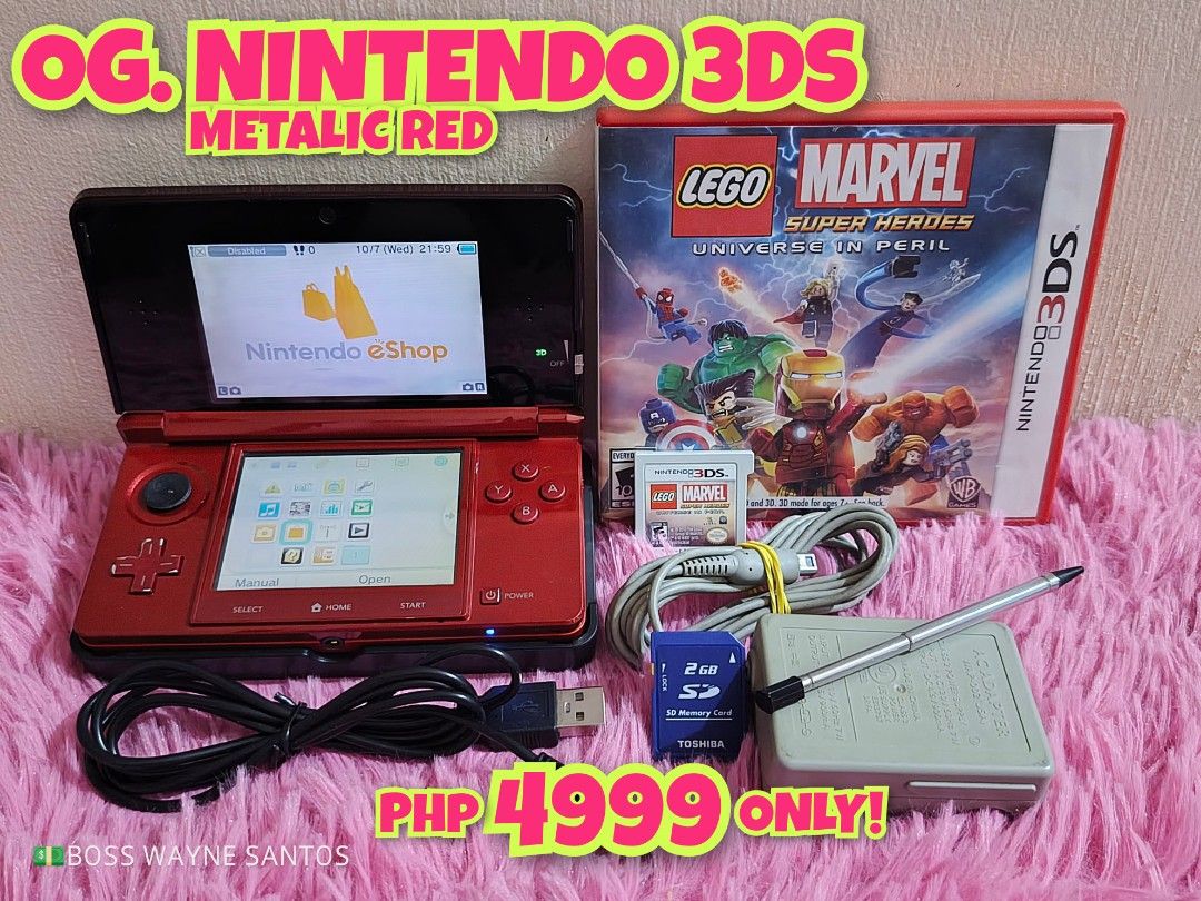 Nintendo 3DS Metallic Red Bundle with LEGO Marvel Game (Category: Nintendo) located in Marikina City. Submitted by waynewayne2 (Listing ID 1466568343, Image 1). Description: FOR SALE OR TRADE +cash Pampanga meetup Jnt, lbc or lalamove sa malayo 09760568942 OG. NINTENDO 3DS -Very presentable unit -Complete w/its original Stylus, 2gb sd card, charger 110v i provide usb cable for 220v -w/1 free games Lego marvel PHP 4999 Only! Issue is, Rubber sa an