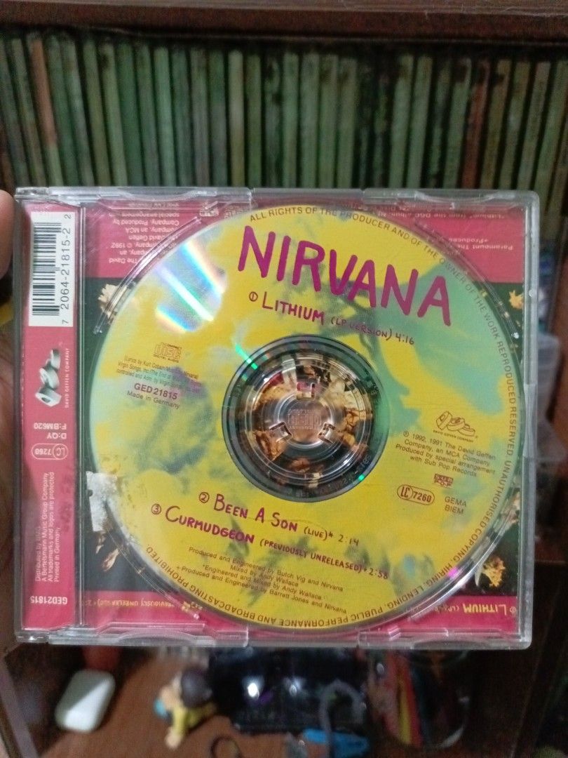 Nirvana Lithium CD Single / EP (Category: CDs & DVDs) located in Manila. Submitted by crashandburn101 (Listing ID 1466744962, Image 2). Description: - Artist & Title: Nirvana - Lithium CD Maxi-Single - Tracklist: Lithium, Been A Son, Curmudgeon - Catalog Number: GED 21815 - Pressing: Made in Germany - Condition: Disc plays properly; jewel case shows light storage scuffs - Details: Tracklist and barcode clearly printed on spine and back insert - P
