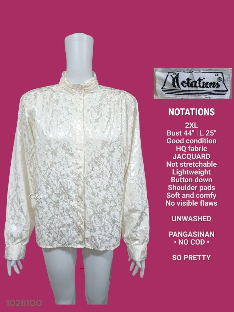 NOTATIONS Cream Ivory Satin Jacquard Button Down Long Sleeves Blouse; 2XL Plus Size Oversized (Category: Blouses) located in Moncada. Submitted by celynn.collection (Listing ID 1466660671, Image 1). Description: ✅ PLEASE READ BEFORE ASKING! 😊 ----------------------------------------------------- 📍LOCATION: Pangasinan, Luzon ----------------------------------------------------- ✅ Clothes are THRIFTED or PRE-LOVED unless stated brand new. -------