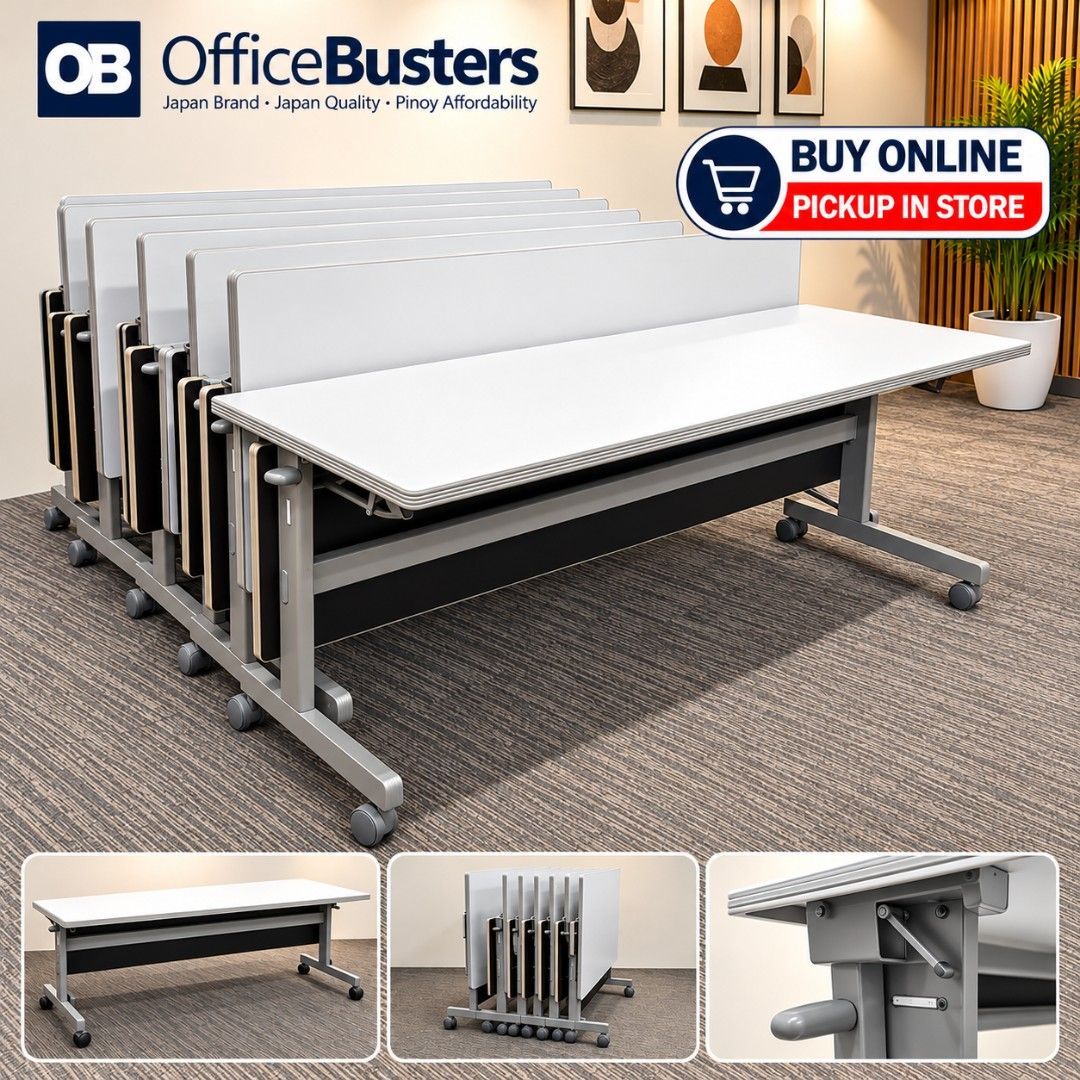 OfficeBusters Foldable Office Training Table White Grey (Category: Office Furniture & Fixtures) located in Quezon City. Submitted by kevinmacabata12997160 (Listing ID 1466573419, Image 1). Description: - Authentic OfficeBusters training table from Japan - Clean white top paired with a durable grey metal frame - Built-in wheels with locking mechanism for easy mobility - Folds flat vertically to save space and allows easy nesting - Ideal for meetin