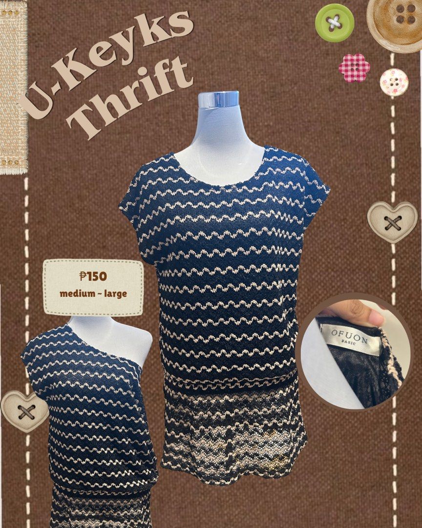 Ofuon Basic Knit Dress (Category: Sleeveless) located in Cavite. Submitted by ukeyks (Listing ID 1466652684, Image 1). Description: - Brand: Ofuon Basic - Design: Black and beige zigzag pattern knit top with scoop neckline and short sleeves - Fit: Relaxed fit, best fits Medium to Large sizes - Detail: Slightly sheer, open-weave finish on the bottom hem .