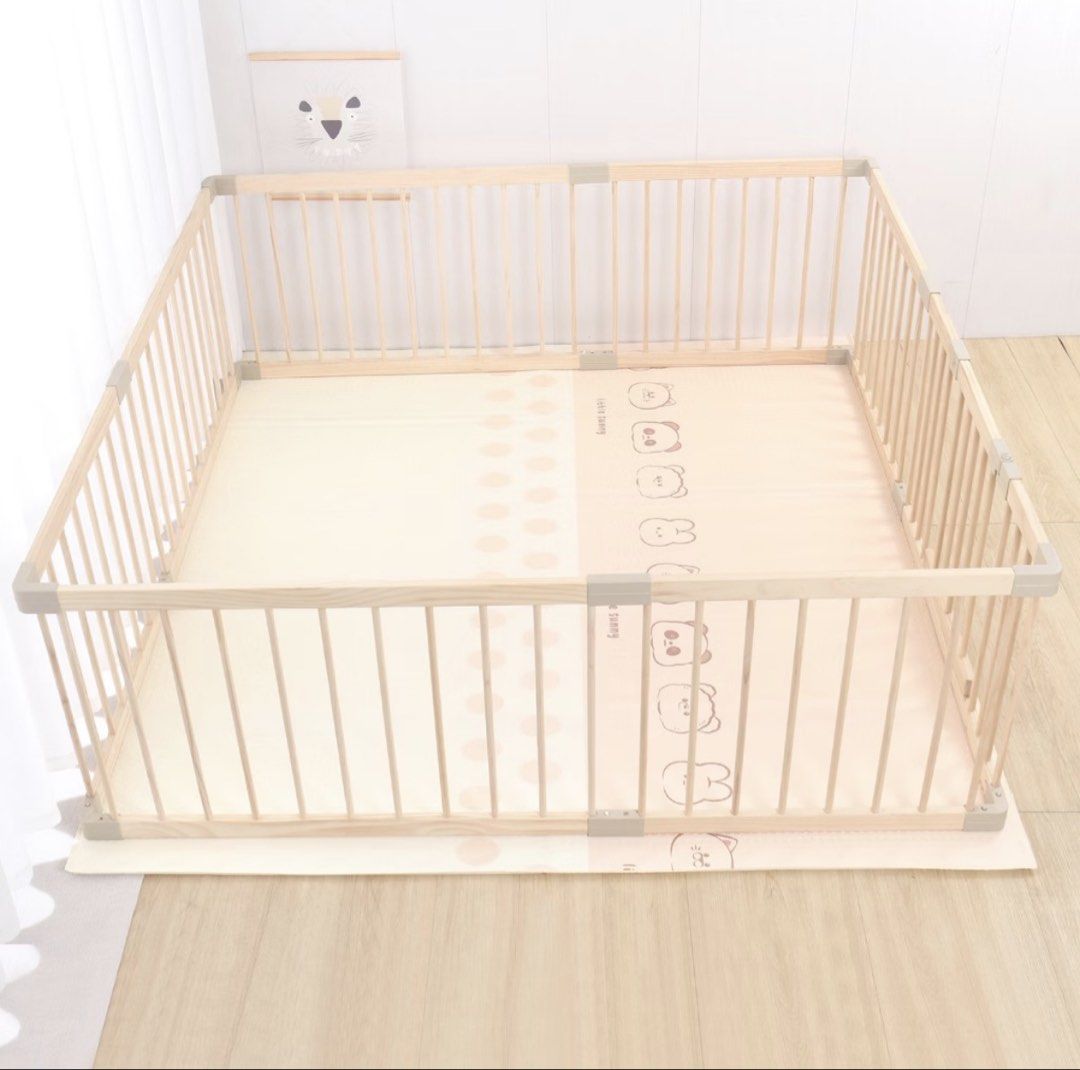 Olive & Cloud Wooden Playpen (Category: Safety Gates, Locks & Protectors) located in Taytay. Submitted by y71054 (Listing ID 1466690447, Image 1). Description: Material: Grade AA New Zealand Pine wood • Design & Features: Minimalist, clean design with non-toxic, safe, and rounded smooth edges • Dimensions: 180 x 160 cm (assembled size roughly 160 x 180 x 61 cm) Solid wood baby playpen with secure door lock and upper/lower double latches. Safe 7cm