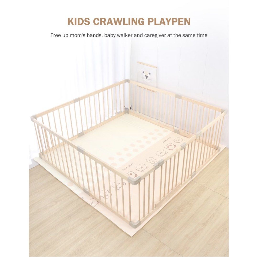 Olive & Cloud Wooden Playpen (Category: Safety Gates, Locks & Protectors) located in Taytay. Submitted by y71054 (Listing ID 1466690447, Image 2). Description: Material: Grade AA New Zealand Pine wood • Design & Features: Minimalist, clean design with non-toxic, safe, and rounded smooth edges • Dimensions: 180 x 160 cm (assembled size roughly 160 x 180 x 61 cm) Solid wood baby playpen with secure door lock and upper/lower double latches. Safe 7cm