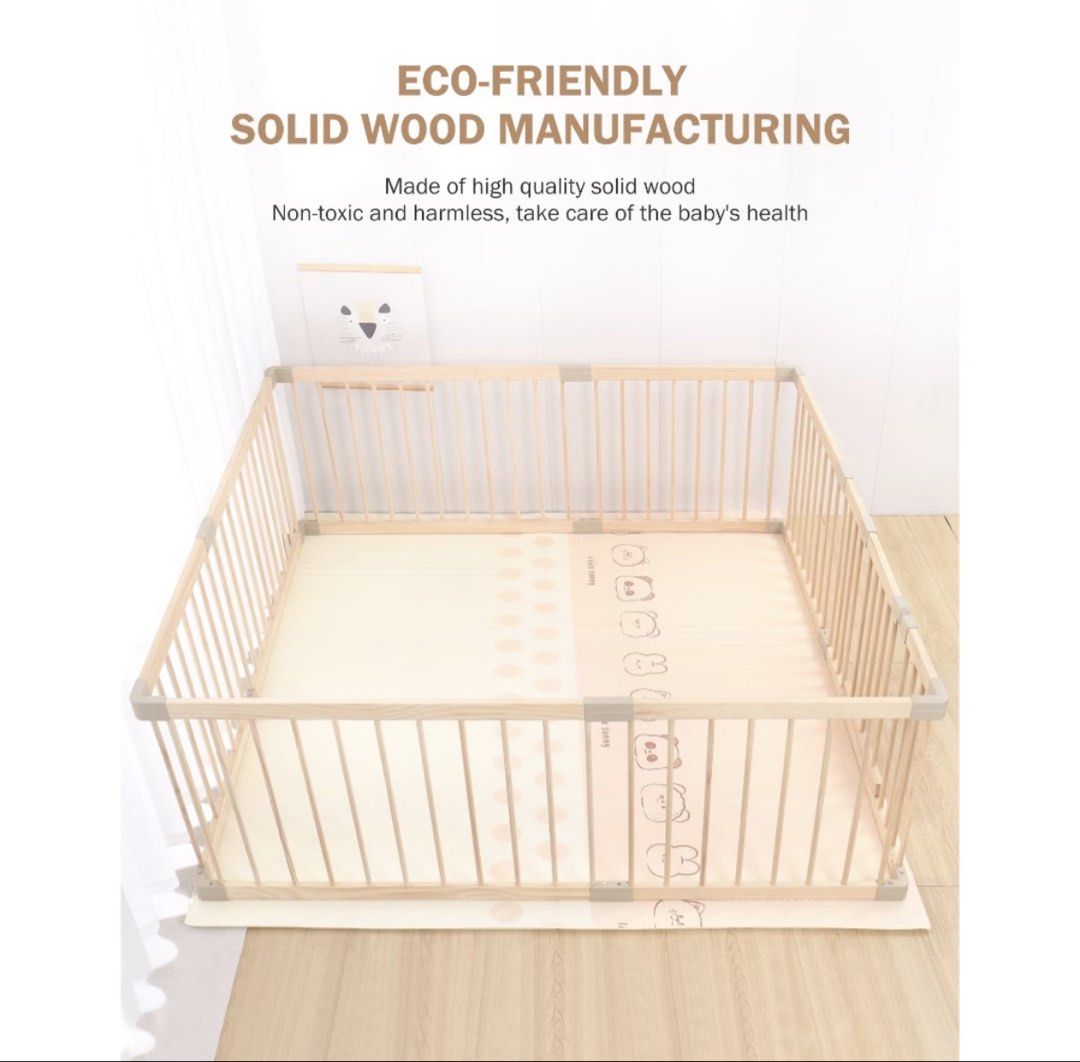 Olive & Cloud Wooden Playpen (Category: Safety Gates, Locks & Protectors) located in Taytay. Submitted by y71054 (Listing ID 1466690447, Image 3). Description: Material: Grade AA New Zealand Pine wood • Design & Features: Minimalist, clean design with non-toxic, safe, and rounded smooth edges • Dimensions: 180 x 160 cm (assembled size roughly 160 x 180 x 61 cm) Solid wood baby playpen with secure door lock and upper/lower double latches. Safe 7cm