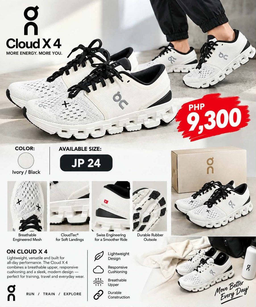 On Cloud X4 Sneakers from Japan (Category: Sneakers) located in Angono. Submitted by ibaibastore (Listing ID 1405296788, Image 1). Description: On Cloud X4 Sneakers from Japan Ivory black color Size 7US/24cm jp .