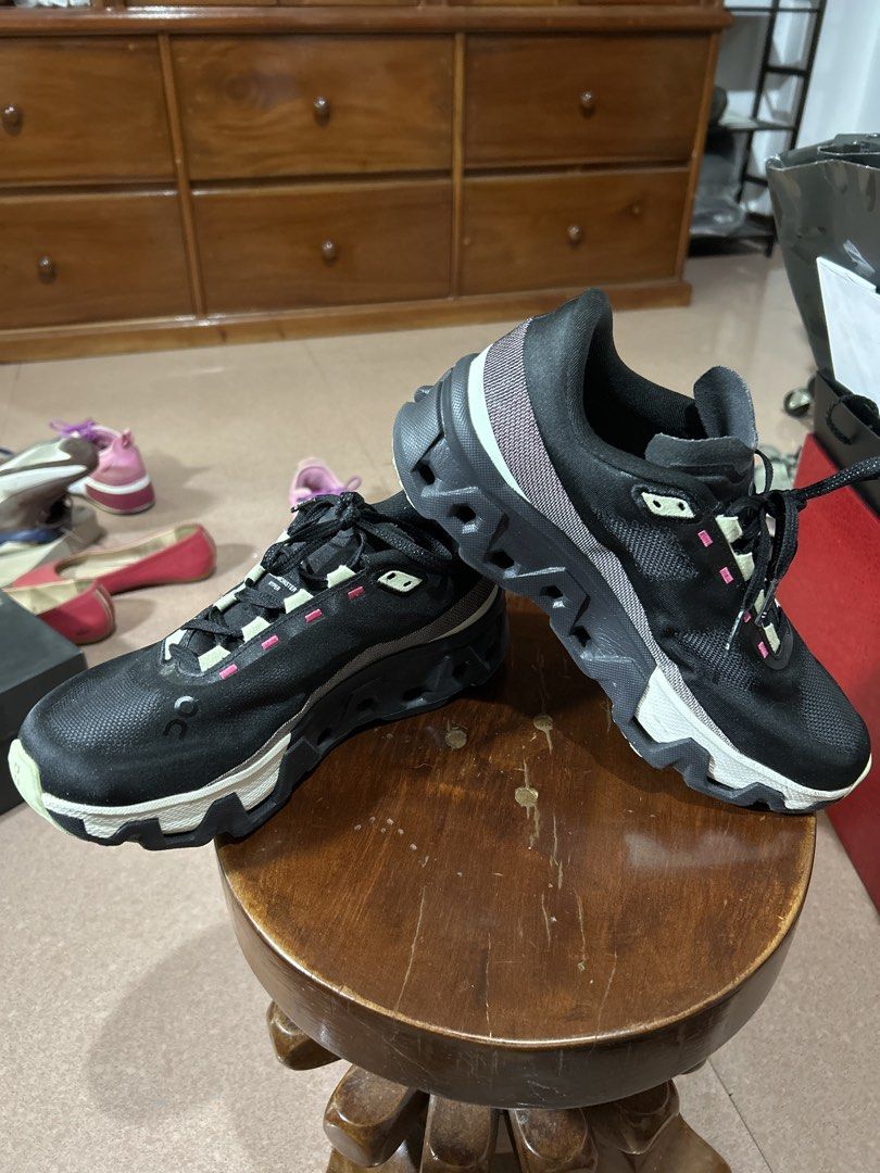 On Cloudmonster Hyper Black Pink Running Shoes (Category: Sneakers) located in Alitagtag. Submitted by patrickvillanueva (Listing ID 1466601465, Image 3). Description: On Cloudmonster Hyper running shoes in black with bright pink lettering and light green accents. Swiss engineering, Helion foam soles, big cushioning. Bold 'ON RUNNING' text printed across the outer sides. Inside tag says Fresh Legs. Very clean uppers, minimal wear on soles. Great 