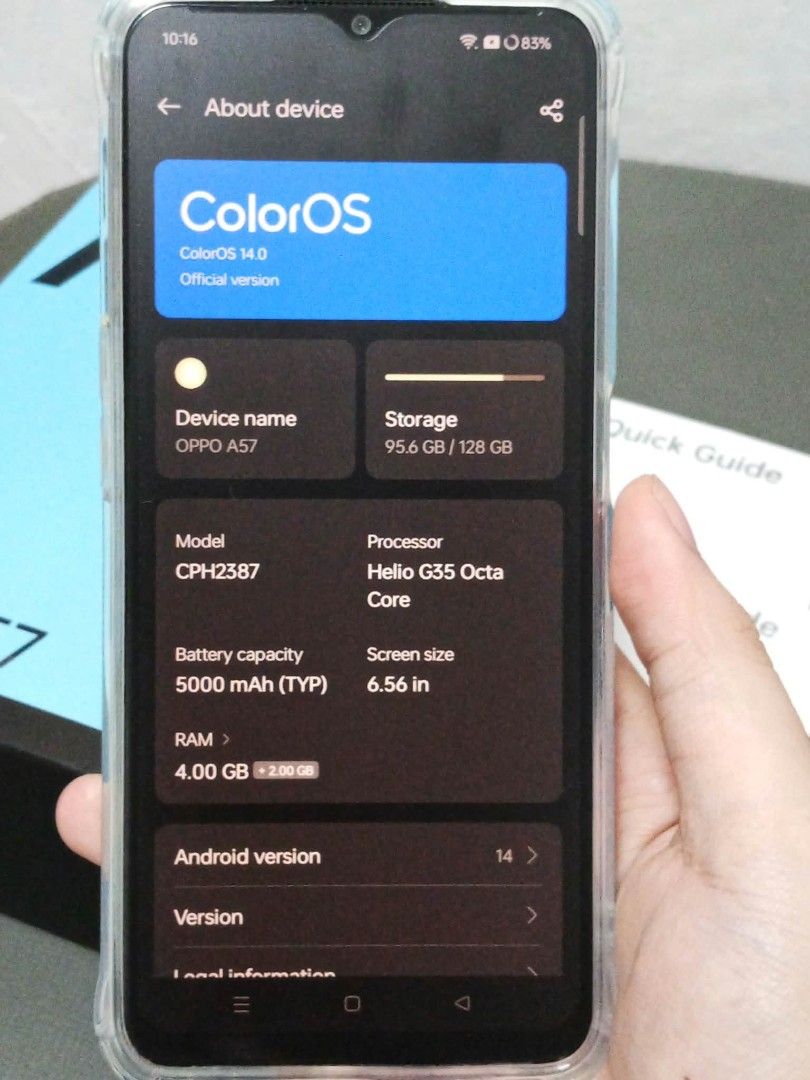 Oppo A57 2022 (Category: OPPO) located in Quezon City. Submitted by lfrddd (Listing ID 1466577311, Image 2). Description: Oppo A57 2022 4G connection 128B internal storage 4GB RAM expansion up to 4GB additional No issue on the unit itself.