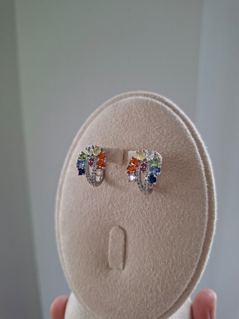 Peacock Fan Multicolor Jacket Silver Earrings (Category: Earrings) located in Dasmarinas. Submitted by danabrie22 (Listing ID 1466652789, Image 2). Description: very well-made, excellent crafstmanship 10/10 condition brand new stainless steel & colored cubic zirconia stones made in Hongkong.