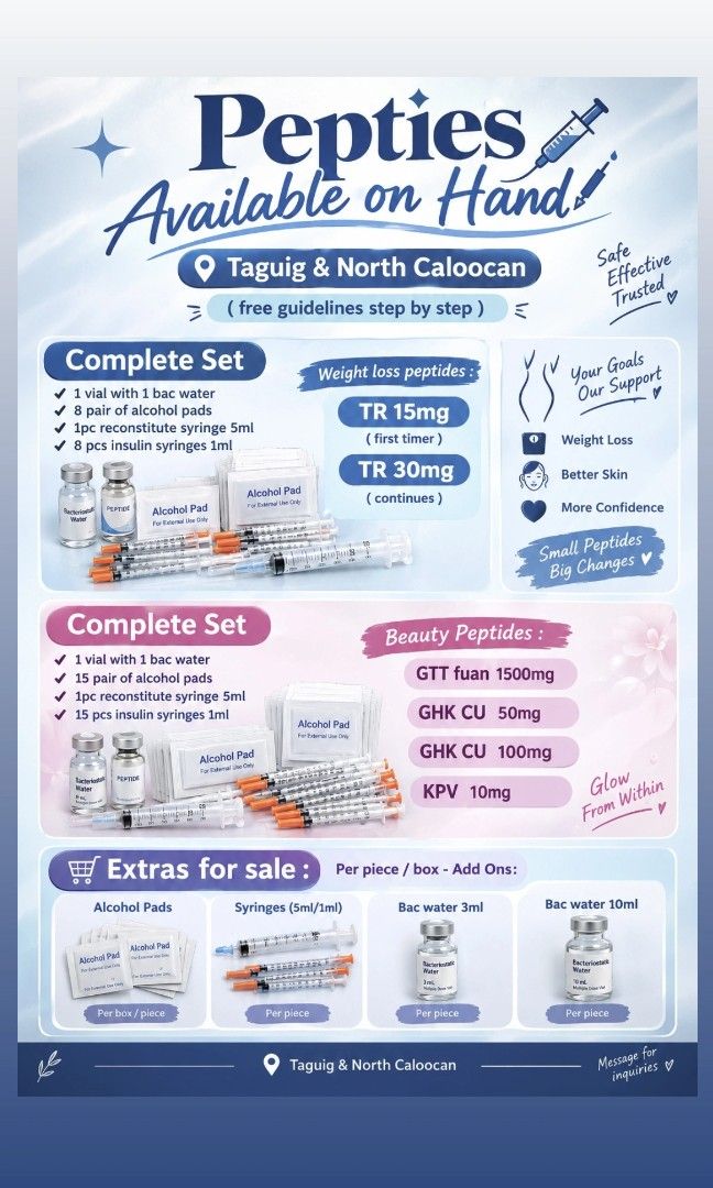 Peppies on hand Tirtir 15&30 (Category: Medical Supplies & Tools) located in Caloocan City. Submitted by leeannexofficial (Listing ID 1466728352, Image 3). Description: Weight L0ss !njectable Complete Set 1 vial with 1 bac water 8 pair of alcohol pads 1pc reconstitute syringe 5ml 8 pcs insulin syringes 1ml DM for moreinfor discreet packaging can ship thru lalamove & JnT.