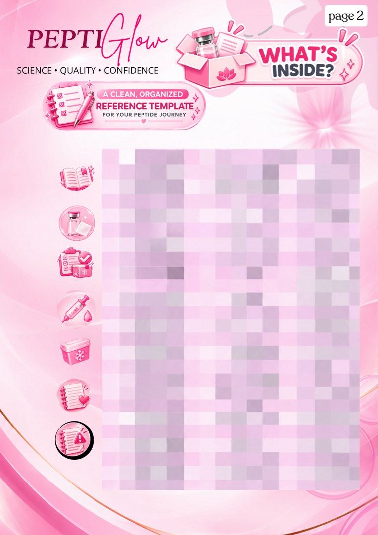 Peptide Reference Template | Digital Download (Category: Everything Else Others) located in Quezon City. Submitted by peptiglow (Listing ID 1466566146, Image 3). Description: Peptide Reference Template — Digital Download A clean and organized reference template designed for keeping your peptide information, notes, and tracking details in one place. 📌 Digital product only 📌 No physical item will be shipped 📌 Instant digital reference/template �