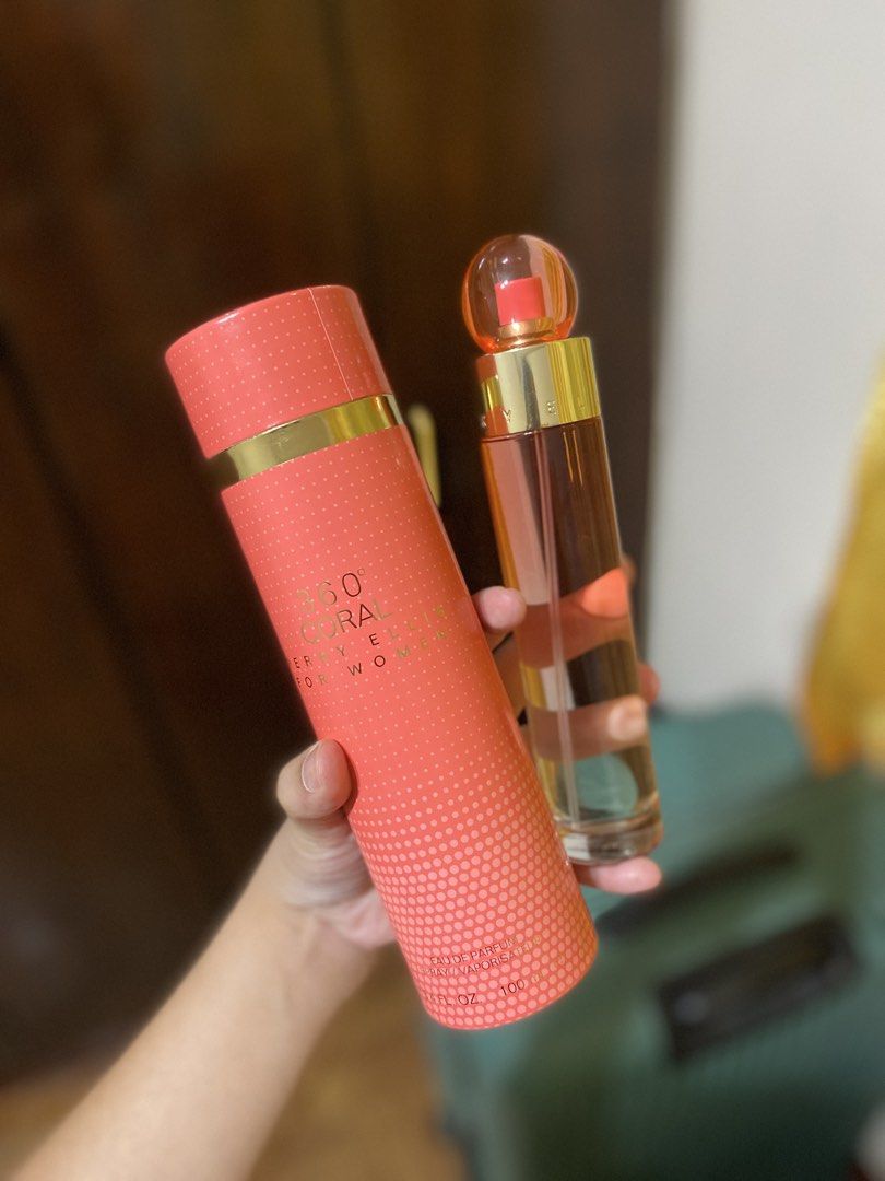 Perry Ellis 360 Coral Eau De Parfum 100ml (Category: Fragrance & Deodorants) located in Batangas. Submitted by lux_kimmy (Listing ID 1466682981, Image 2). Description: - Brand: Perry Ellis - Fragrance: 360 Coral for Women - Type: Eau de Parfum (EDP) Spray - Size: 3.4 fl oz / 100 mL - Packaging: Includes original cylindrical coral and gold patterned outer case - Origin: Made in USA - Batch Code: 24208CZ (verified on bottom label).