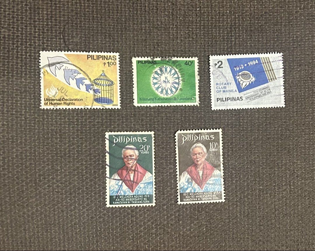 Philippine Stamps : various 5 used stamps (Category: Stamps & Prints) located in Binan City. Submitted by impulsebuyer12 (Listing ID 1466602474, Image 1). Description: For collection purposes.