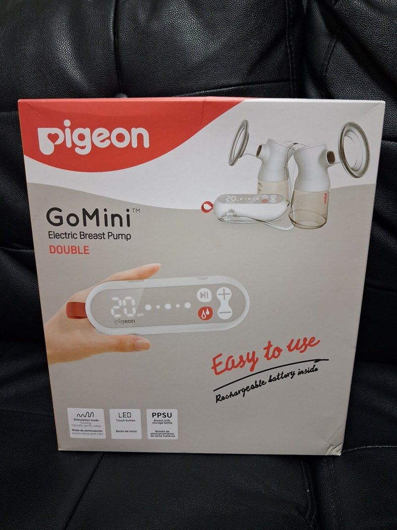 Pigeon GoMini Electric Breast Pump Double (Category: Breastfeeding & Bottle Feeding) located in Baras. Submitted by vale831 (Listing ID 1466722866, Image 1). Description: - Brand new in box, unopened Pigeon GoMini double electric breast pump - Compact and lightweight design with a built-in rechargeable battery - Modern LED touch button interface - Features stimulation mode to mimic natural sucking - Includes high-quality PPSU milk storage bottles