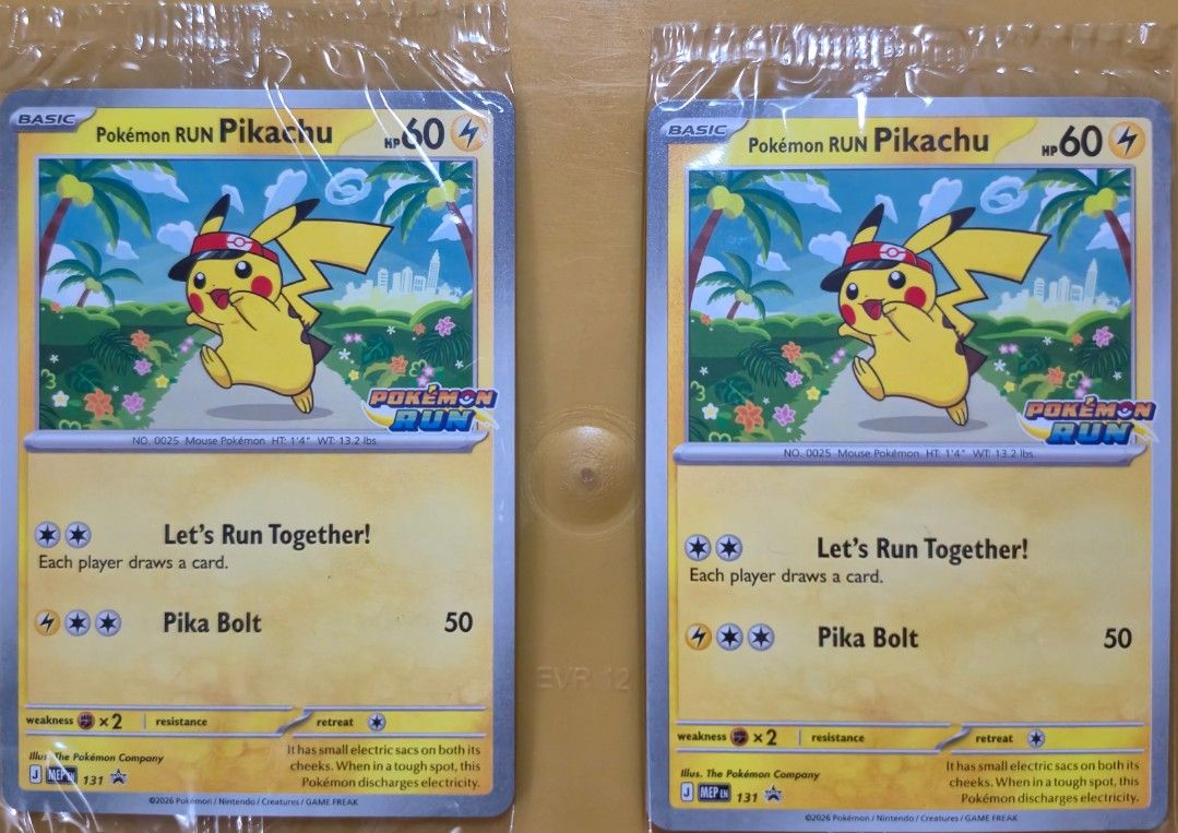 Pikachu 131 SAR (Category: Raw Singles) located in Caloocan City. Submitted by buenaventu80818 (Listing ID 1466734670, Image 1). Description: Pokémon RUN Pikachu promo card (MEP Promo 131) mint condition (sealed) I have two if it, I can sell both for Php 15,000.