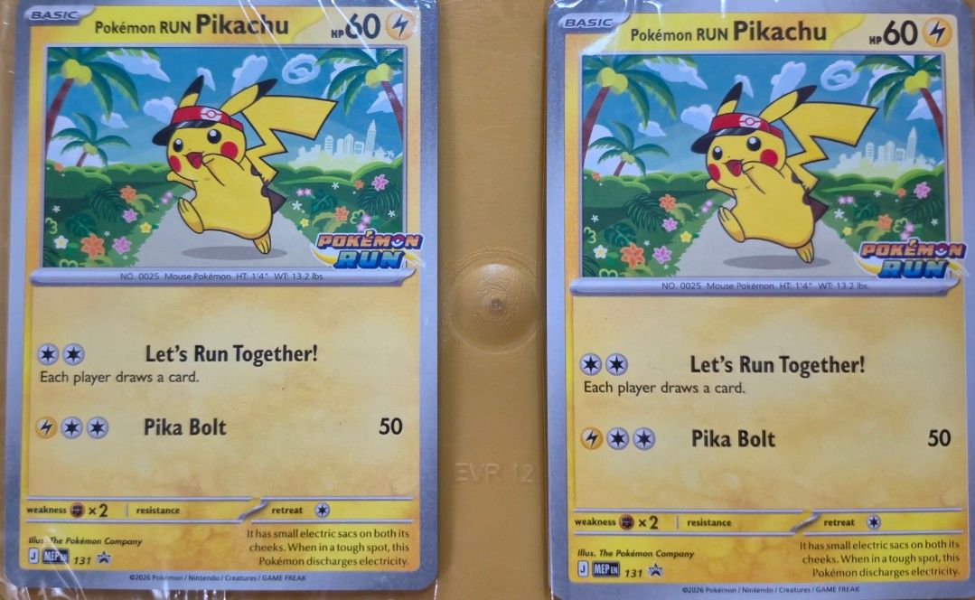 Pikachu 131 SAR (Category: Raw Singles) located in Caloocan City. Submitted by buenaventu80818 (Listing ID 1466734670, Image 2). Description: Pokémon RUN Pikachu promo card (MEP Promo 131) mint condition (sealed) I have two if it, I can sell both for Php 15,000.