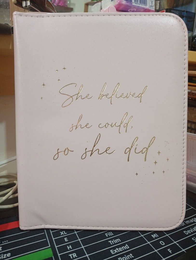 Pink Inspirational Quote Planner Organizer Notebook (Category: Stationery & School Supplies) located in Quezon City. Submitted by bownee.free (Listing ID 1466772160, Image 1). Description: - Color: Pastel pink with elegant gold foil lettering - Quote: "She believed she could, so she did" - Closure: Secure full-zip around in gold - Interior: Includes card slots, slip pockets, and a notebook insert - Use: Ideal for journaling, school, or work organ