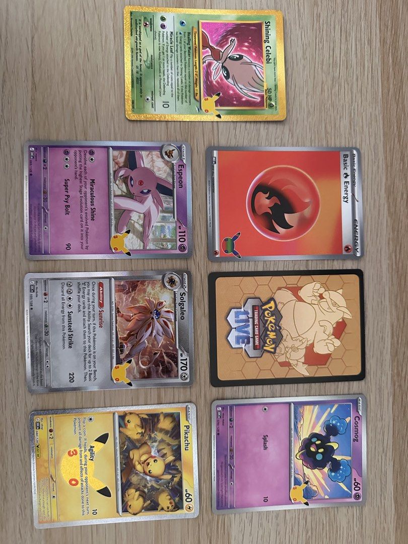 Pokemon 30th celebration game cards (Category: Card Packs) located in Mandaluyong City. Submitted by deerselu (Listing ID 1466610169, Image 1). Description: Shining Celebi — ₱2,000 Pikachu — ₱250 Solgaleo — ₱100 Espeon — ₱100 Cosmog — ₱100 Basic Fire Energy — ₱30.