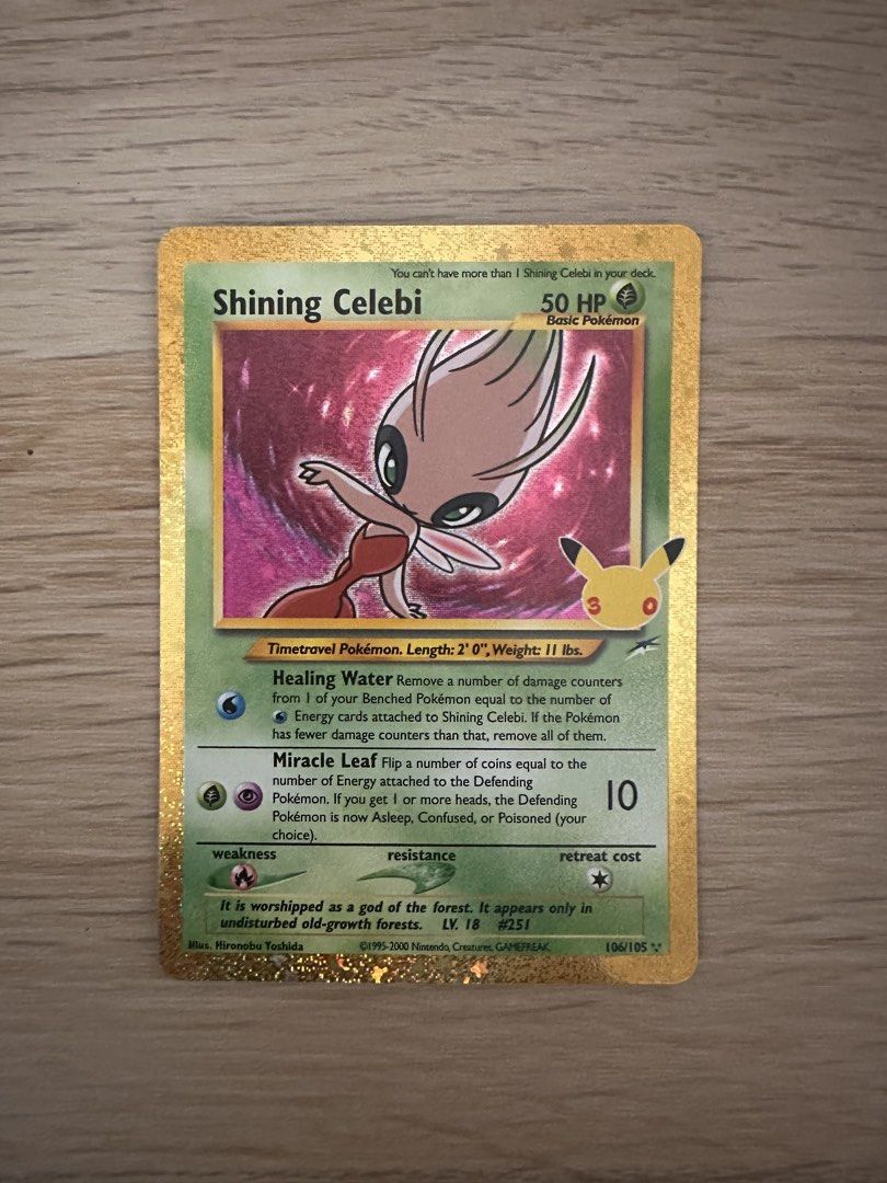 Pokemon 30th celebration game cards (Category: Card Packs) located in Mandaluyong City. Submitted by deerselu (Listing ID 1466610169, Image 2). Description: Shining Celebi — ₱2,000 Pikachu — ₱250 Solgaleo — ₱100 Espeon — ₱100 Cosmog — ₱100 Basic Fire Energy — ₱30.