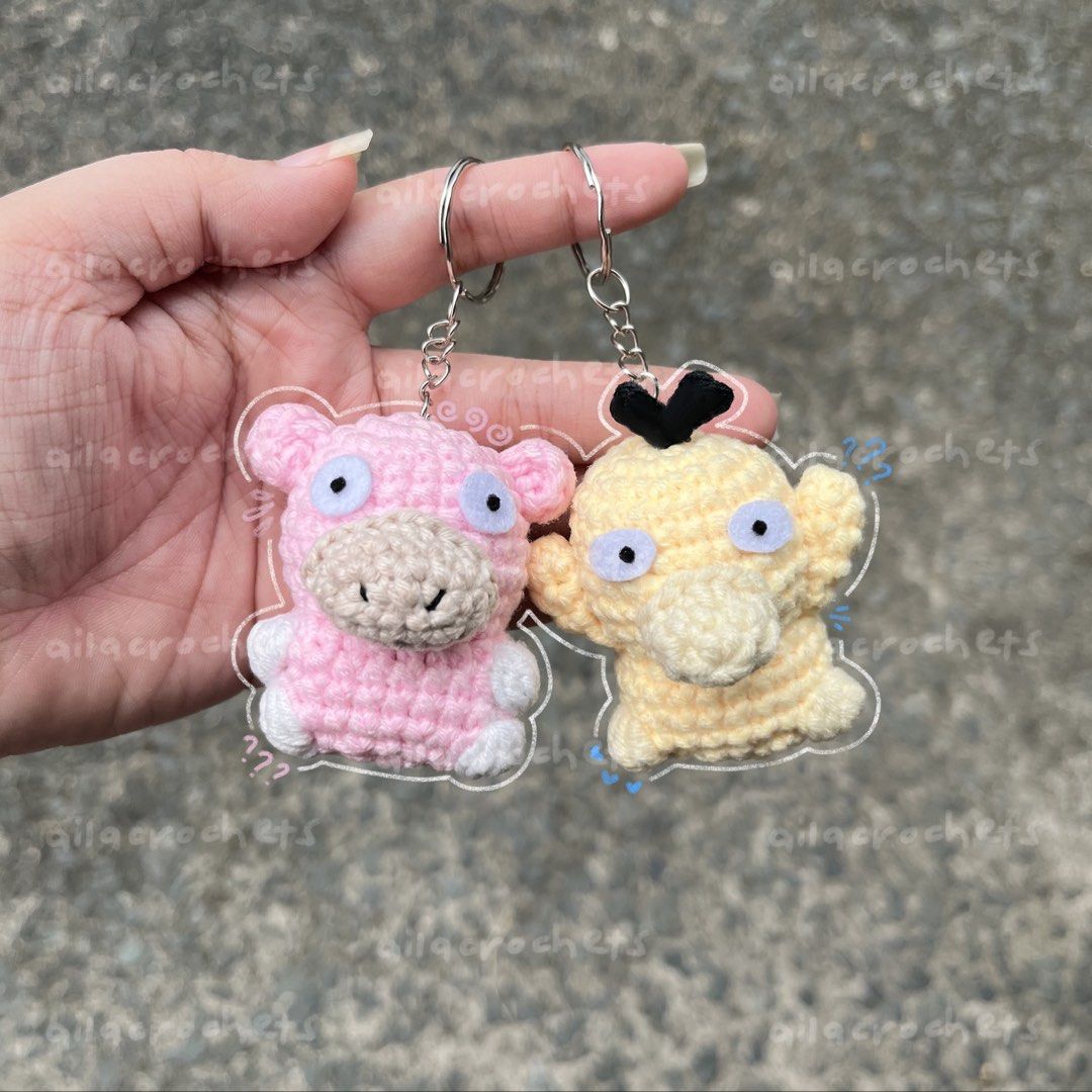 Pokemon - Psyduck & Slowpoke crochet keychains (Category: Handmade Craft) located in Pasig City. Submitted by ailacrochets (Listing ID 1466589518, Image 1). Description: - milk cotton - open for bulk orders - ₱200 ea, ₱380 set mop: gcash/maribank mod: j&t/gogo xpress/sdd please message interested + quantity (e.g. interested 1 set + 1 psyduck) 📍pasig .
