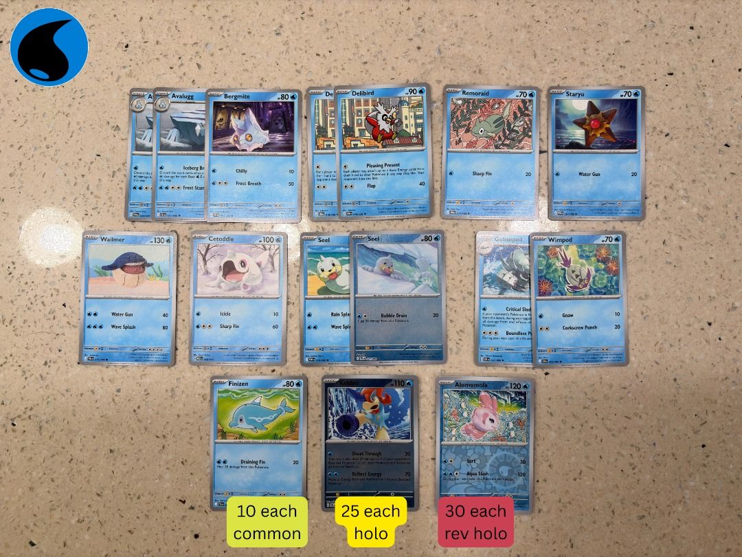 Pokemon TCG Playables (ENG) Assorted (Category: Raw Singles) located in Quezon City. Submitted by seanshobbycorner (Listing ID 1466571456, Image 2). Description: 10 per common 25 per holo 30 per rev holo (minimum order worth 150) Fire Type: Talonflame, Delphox, Braixen, Fennekin, Ninetales, Vulpix, Litleo, Ho-Oh, Centiskorch, Charcadet, and Torkoal Water Type: Avalugg, Bergmite, Delibird, Remoraid, Staryu, Wailmer, Cetoddle, Seel, Golisopod, Wimp