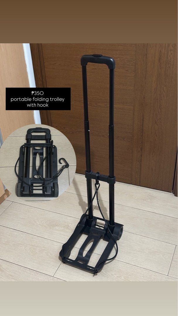 Portable folding trolley with hook (Category: Home Improvement Tools & Accessories) located in Mandaluyong City. Submitted by ireneangelinee (Listing ID 1466614319, Image 1). Description: - Compact folding trolley for boxes, luggage, and heavy bags - Folds flat for easy, space-saving storage - Includes a secure elastic bungee cord with hook to keep loads tied down - Lightweight and smooth-extending frame for effortless transport.