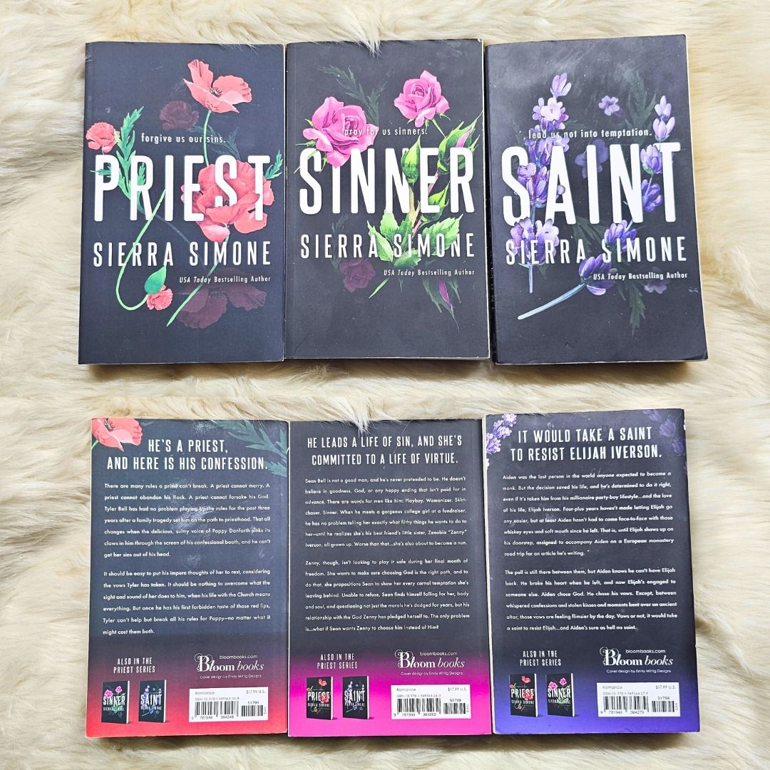 Priest / Sinner / Saint Book Bundle by Sierra Simone [BUNDLE] (Category: Storybooks) located in Quezon City. Submitted by alxchng (Listing ID 1466683362, Image 1). Description: Selling the entire book series for PHP1,000. Lightly used. Kindly manage your expectations ❤️ 1. Priest Publisher: Bloom Books Language: English Paperback: 320 pages ISBN-10: 1949364240 ISBN-13: 978-1949364248 Item Weight: ~8 oz / 225–234 g Dimensions: 5 x 0.8 x 8 inches (