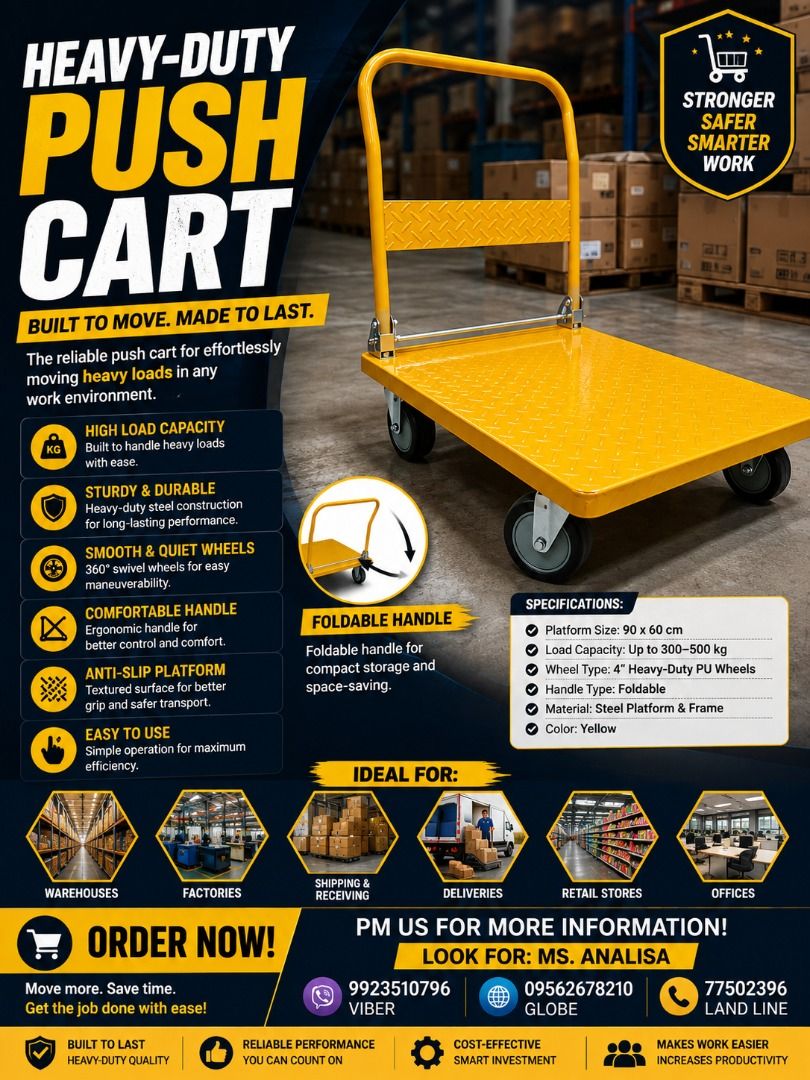 PUSH CART (Category: Looking For) located in Paranaque City. Submitted by buynowbilikanow (Listing ID 1466644379, Image 1). Description: ✅ Guaranteed lowest price ✅ Quality products ✅ Big discount for bulk orders ✅ 100% LEGIT TRUSTED SUPPLIER! ✅ With Complete Legal Documents ✅ BIR Registered We Supply All Kinds Of PPE Supplies, Raincoat, Hard Hat, Cooler Box, Plastic Trash Bin, Road Barriers, Kayak Boats, Crystal Kayak, Traffic Cone, T-Bollards &