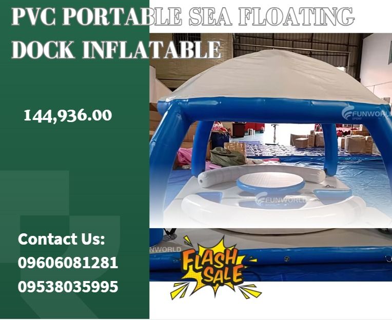 PVC Portable Sea Floating Dock Inflatable (Category: Everything Else Others) located in Lapu Lapu. Submitted by purebird.d6b6a1 (Listing ID 1466583805, Image 1). Description: ●Inflatable Water Sofa ●Size: 3mL x 3mW x 2.2mH ●Material 1). 0.65mm PVC tarpaulin: 144,936 ●Gross Weight: Packing Size: 0.75CBM ●Material 2). 0.9mm PVC tarpaulin: 158,356 ●Gross Weight: Packing Size: 0.85CBM ●MOQ: 1 piece ●Air Pump (110v-120v or 220v-240v): Extra 5,368 per 