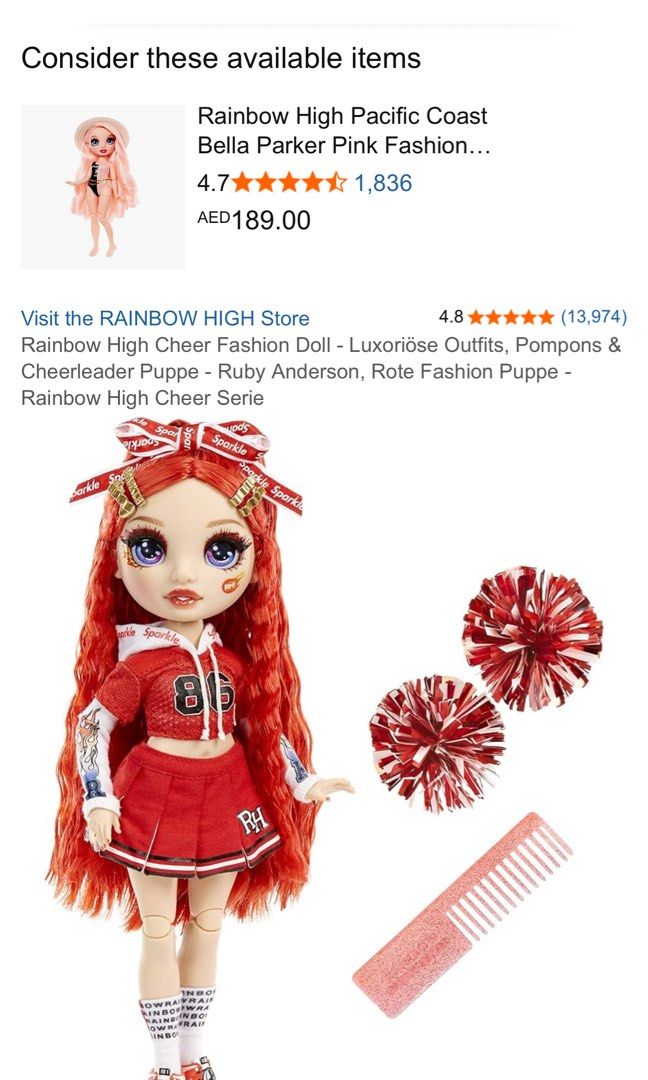 Rainbow High Cheer Ruby Anderson Fashion Doll - (Category: Kids Toys) located in Manila. Submitted by prelovedbyramiah (Listing ID 1466696270, Image 2). Description: Red Cheerleader Outfit with Pom Poms and Accessories.