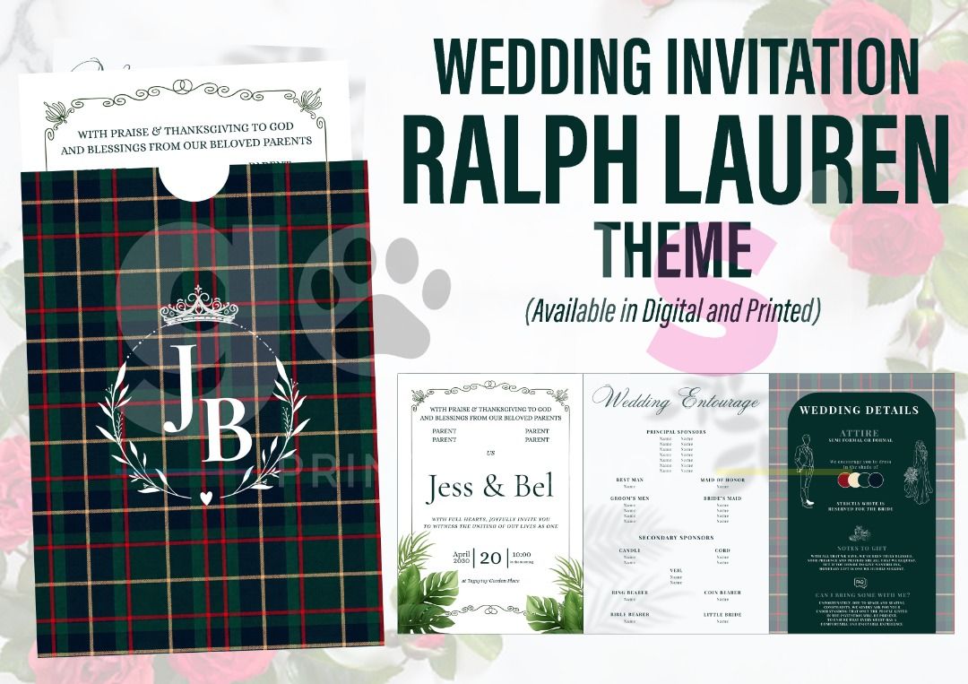 Ralph Lauren Theme Wedding Invitation Digital and Printed (Category: Art & Prints) located in Caloocan City. Submitted by gonsiprintingph (Listing ID 1466579285, Image 1). Description: - Theme: Classic Ralph Lauren tartan plaid with J & B floral wreath monogram - Suite Includes: Main invitation, entourage card, and details card with attire guidelines - Formats: Available in both digital and printed options - Perfect for: Couples planning a timele