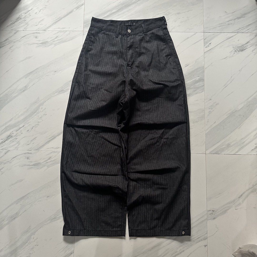 Raw Denim Barrel Pants (Category: Jeans) located in Las Pinas. Submitted by __snow (Listing ID 1466626377, Image 1). Description: • AVAILABLE • HERRINGBONE STRIPE WIDE PANTS Heavy condition Dimes by Inches (laid flat) Waist: 29 Rise: 16 Thigh: 15 Length: 41 Leg open: 9 to 11 (adjustable) Color rate: 9.5/10 Color may vary due to lighting Payment Method: Bank Transfer Delivery Options (Shipping shoulder by buyer) J&T Express, LBC Location: Las Piña