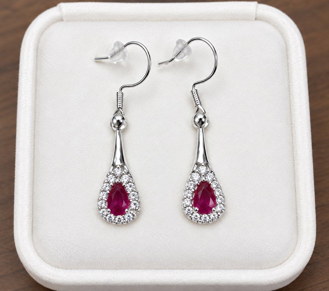 Real Ruby Dangling earrings/Titanium setting (Category: Earrings) located in Kalibo. Submitted by sunnysidegold (Listing ID 1466572221, Image 1). Description: Ruby dangling earrings with cz sidestone silicone lock titanium setting ,non tarnish MOP gcash/BPI.