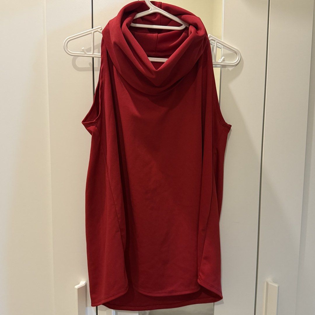 Red Sleeveless Cowl Neck Top (Category: Sleeveless) located in Marikina City. Submitted by lovegoeson (Listing ID 1466684751, Image 1). Description: - Color: Rich red - Style: Sleeveless with a flattering cowl neck - Details: Upper back pleats for added style - Fit: Relaxed through the body - Fabric: Smooth, stretchy, and soft - Versatility: Easy to pair with jeans or skirts for casual days.
