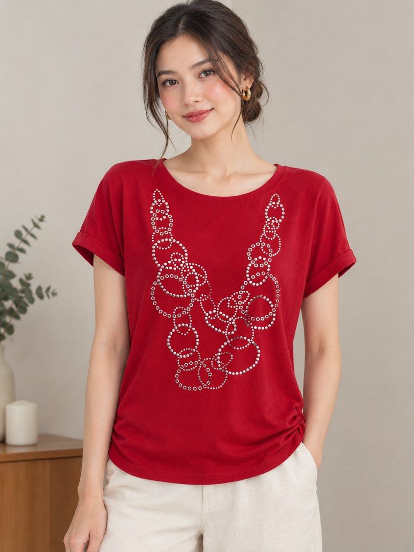 Red Studded T-Shirt (Category: Shirts) located in Quezon City. Submitted by onesourceph (Listing ID 1466769773, Image 1). Description: - Brand: Stylish Concept Gallery - Color: Vibrant red -Size: M-L - Design: Unique silver grommets and studs in circular front patterns - Fit: Relaxed fit with a rounded neckline and short sleeves - Material: Soft knit fabric, ideal for everyday comfort - Condition: Brand tag intact.