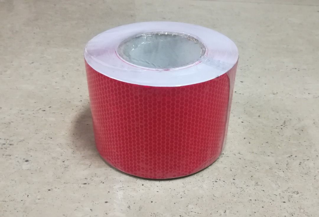Reflective Tape Reflector Sticker 4 inches Red (Category: Industrial Equipment) located in Manila. Submitted by toplen (Listing ID 1466628781, Image 1). Description: Color: Red Size: 4 inches 40 meters Honeycomb Reflective sticker Adhesive tape.